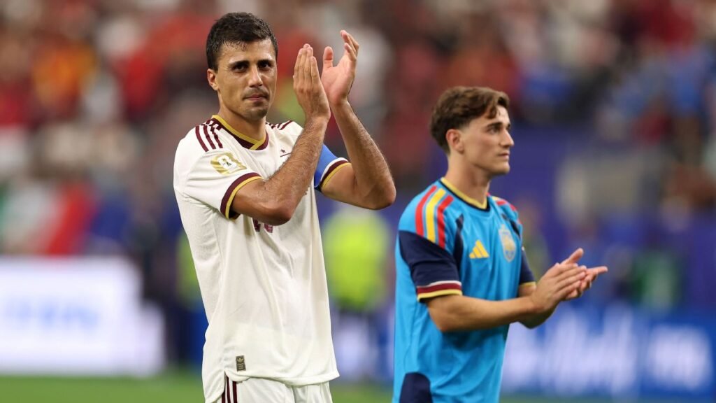 Spain captain Rodri preparing for Spain vs Argentina World Cup Final 2026 in a packed stadium.