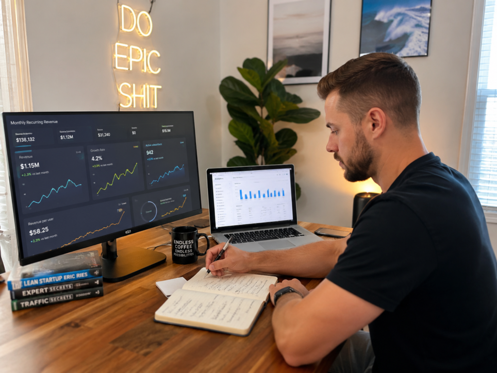 Remote entrepreneur working from home after quitting corporate job and building successful online business