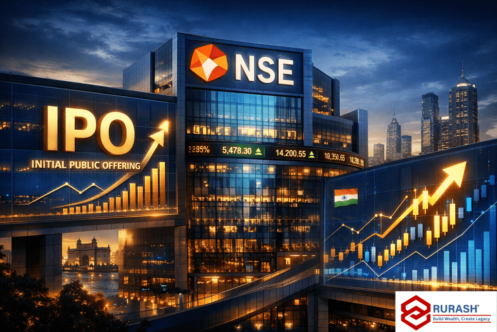 NSE IPO 2026 market opportunity with Mumbai financial district and stock exchange growth concept.
